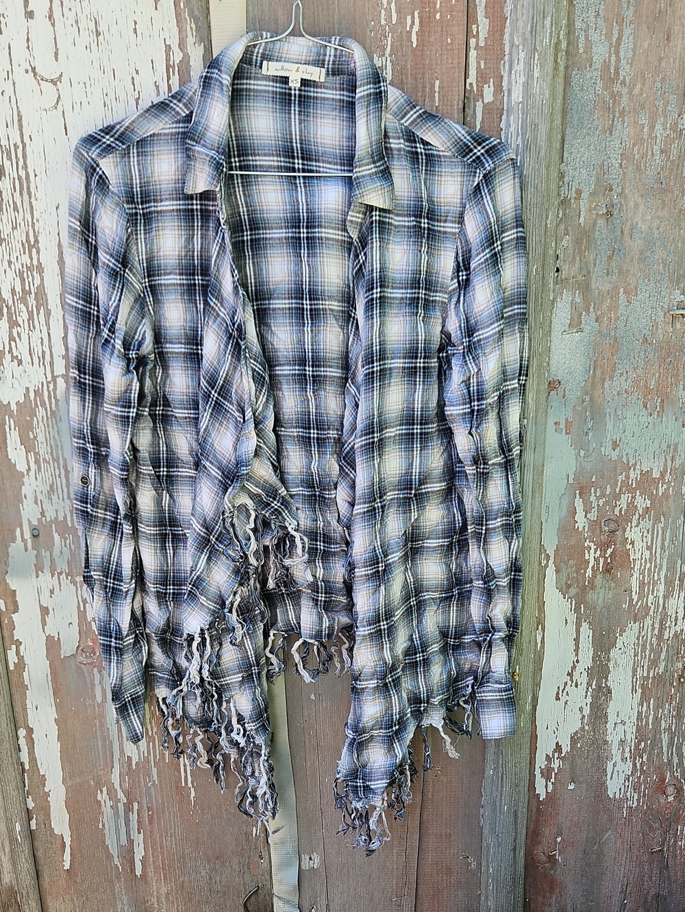 Willow & Clay Navy, White and Gray Plaid Fringed Button-Down Shirt